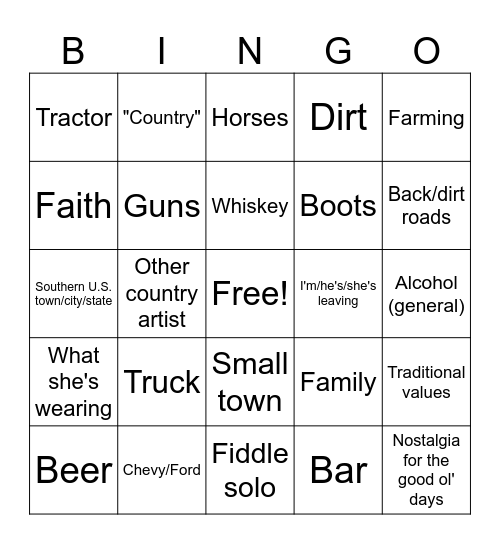 Country Music Bingo Card