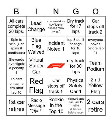 Belgian GP 2023 Bingo Card