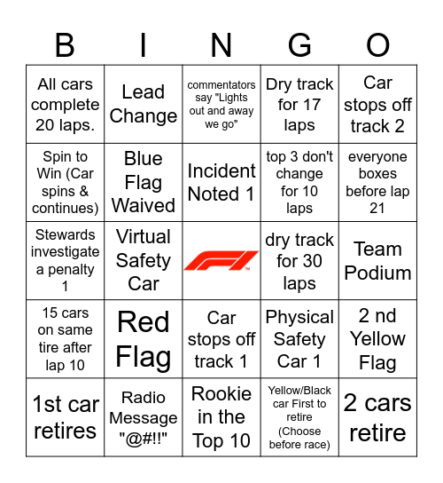 Belgian GP 2023 Bingo Card