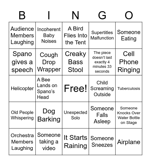 4’33 Bingo Card