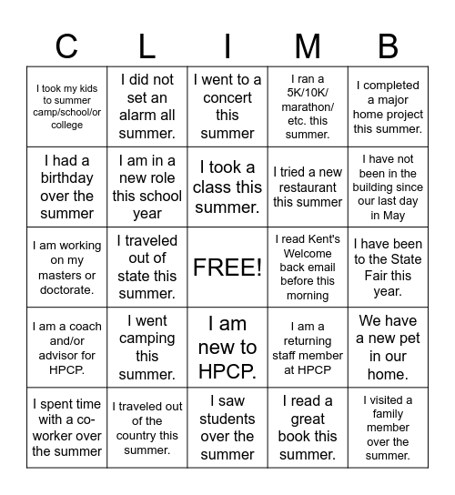 Health Professions CP Back to School BINGO Card