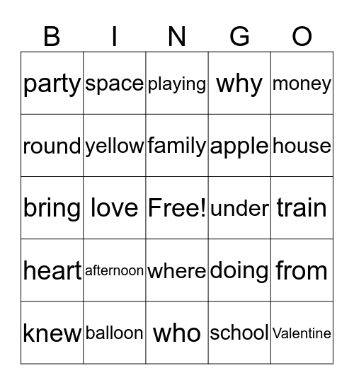 Word Work February  Bingo Card