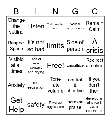 De-escalation Bingo Card