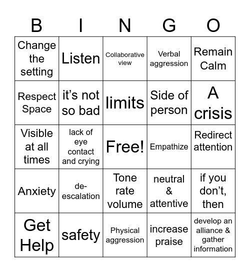 De-escalation Bingo Card