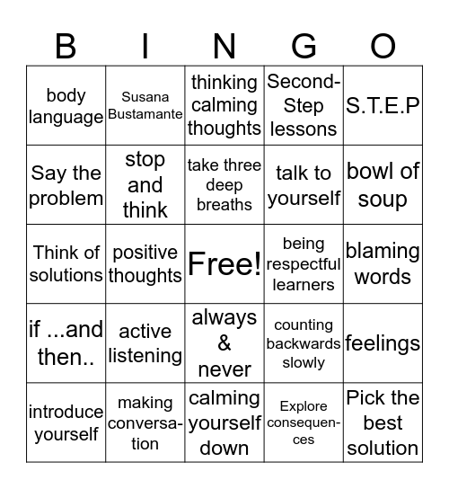 Second Step Class Bingo Card