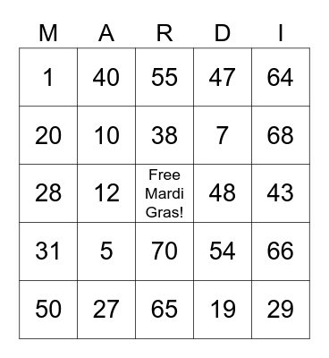 Mardi Gras Bingo Card