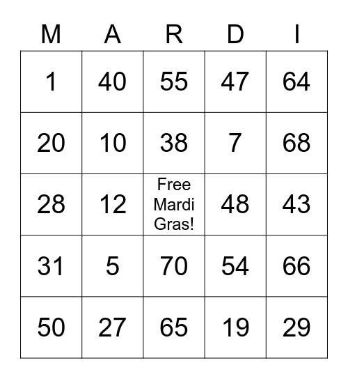 Mardi Gras Bingo Card