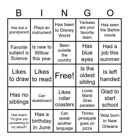 First Day of School Bingo Card