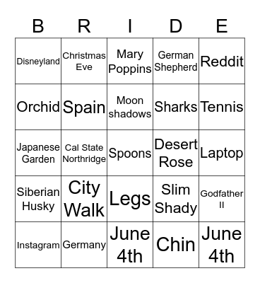 Bride Bingo Card