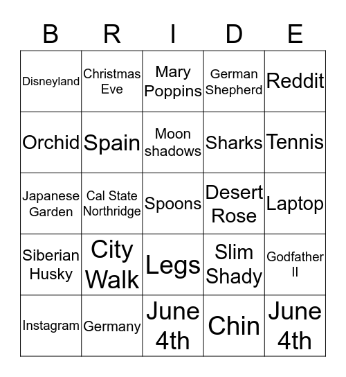 Bride Bingo Card