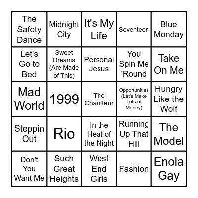 Synthpop Bingo Card