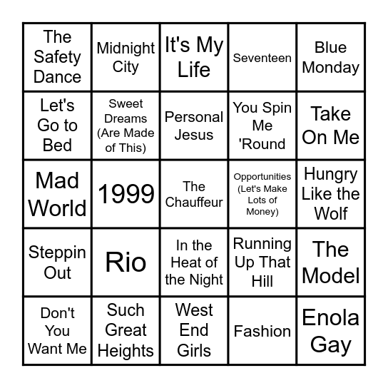 Synthpop 3D: Game Over Bingo Card