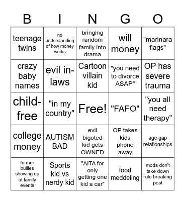 AITA bingo Card