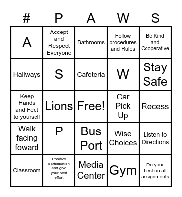 Rafting Creek Elementary PAWS Bingo Card