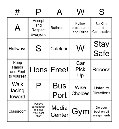 Rafting Creek Elementary PAWS Bingo Card