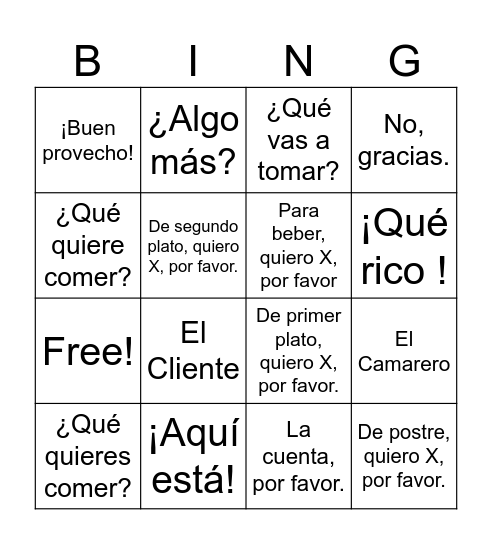 El Café - Phrases - Radford Bingo Card