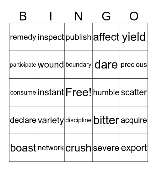 Academic Vocabulary Bingo Card