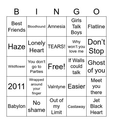 5SOS Setlist Bingo Card