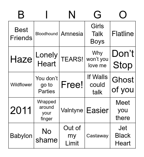 5SOS Setlist Bingo Card