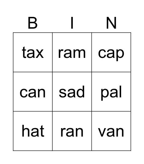 Spelling Bingo Card