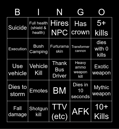 Fortnite Bingo Card