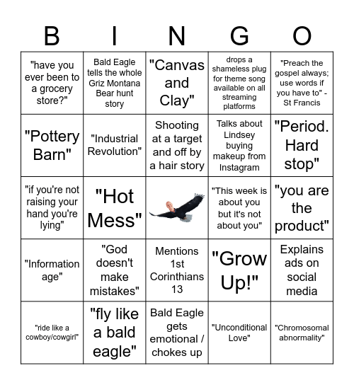 Bald Eagle Monday Night Bingo Card