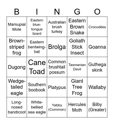 Aussie animals Bingo Card