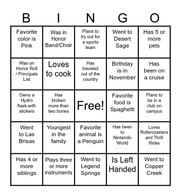 Student Bingo Card