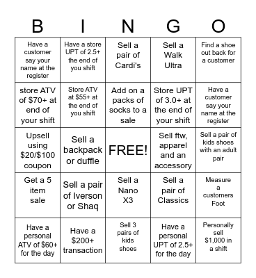 Reebok Sales BINGO Card