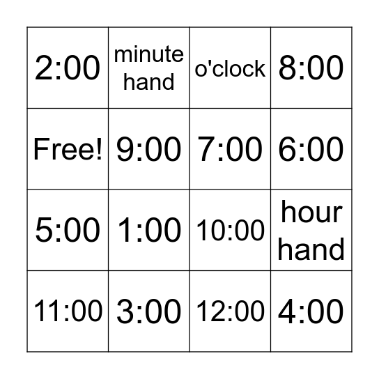 Hands On Play: Time Bingo Card