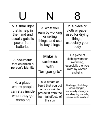 UNIT 8-THINGS ON A TRIP Bingo Card
