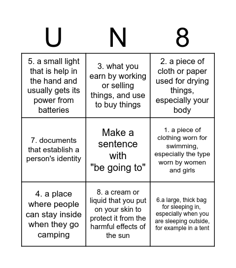 UNIT 8-THINGS ON A TRIP Bingo Card