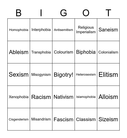 Bigot Bingo Card
