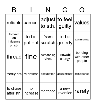 Vocabulary revision Bingo Card