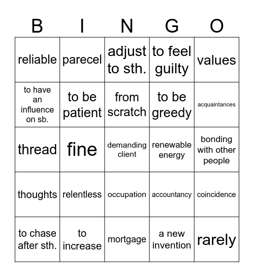 Vocabulary revision Bingo Card