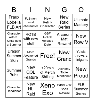 GBF Summer 2023 Bingo Card