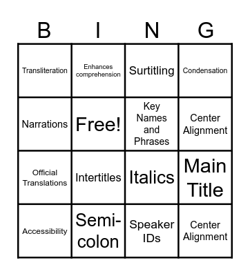 Subtitling Bingo! Bingo Card
