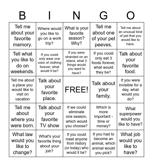 Conversation BINGO! Bingo Card
