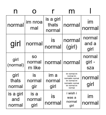 normal girl bingo Card