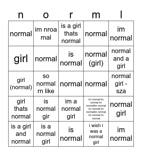 normal girl bingo Card