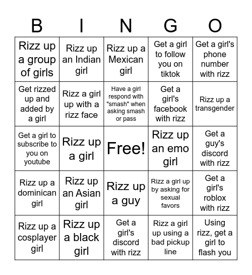 Omegle Rizz Bingo Card
