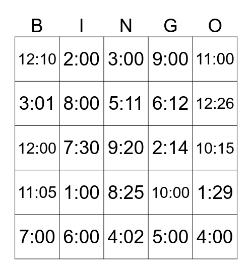 Telling Time Bingo Card