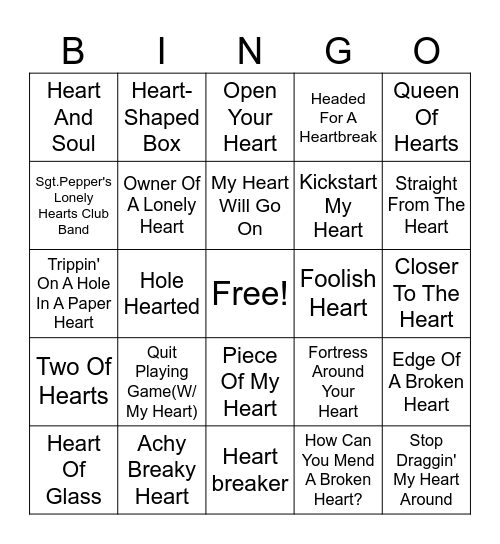 Get Your Heart On! Bingo Card
