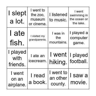 Summer holiday 2023 Bingo Card