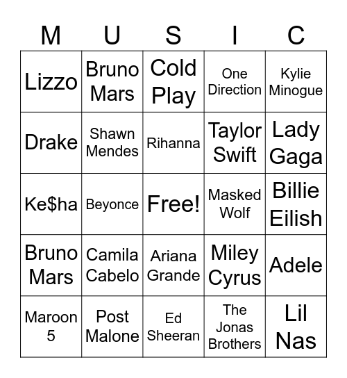 Bingo For Teens - Music Bingo Card