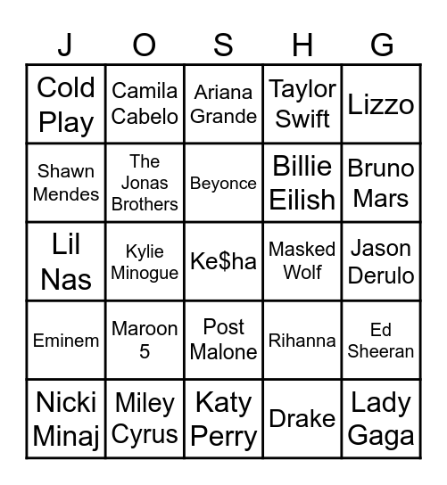 Bingo For Teens - Music Bingo Card