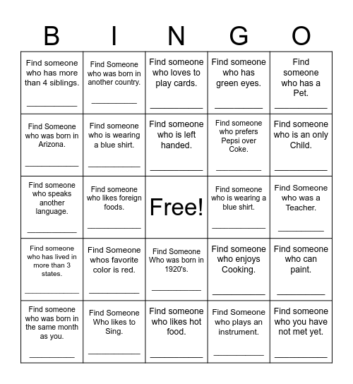 Find Someone Who Bingo Card