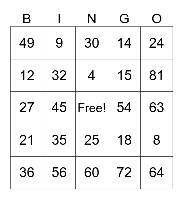 Math Facts Bingo Card