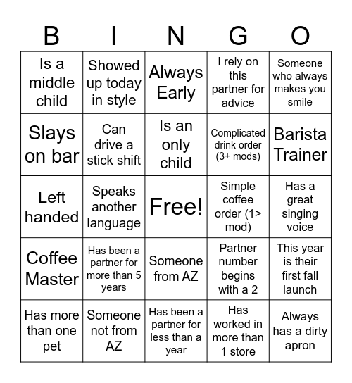 Starbucks Bingo Card