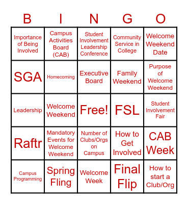 Student Involvement Bingo Card